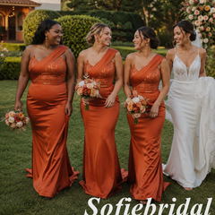 Burnt Orange Satin One Shoulder Beaded Mermaid Bridesmaid Dress For Wedding Guest, SFWG00643