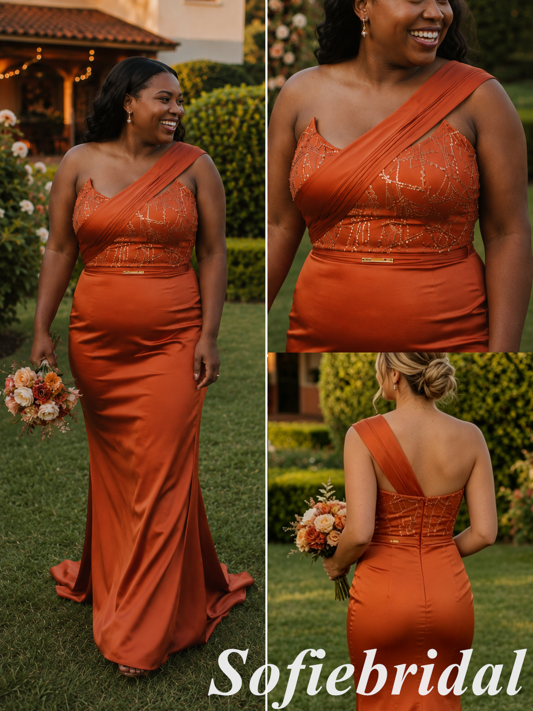 Burnt Orange Satin One Shoulder Beaded Mermaid Bridesmaid Dress For Wedding Guest, SFWG00643