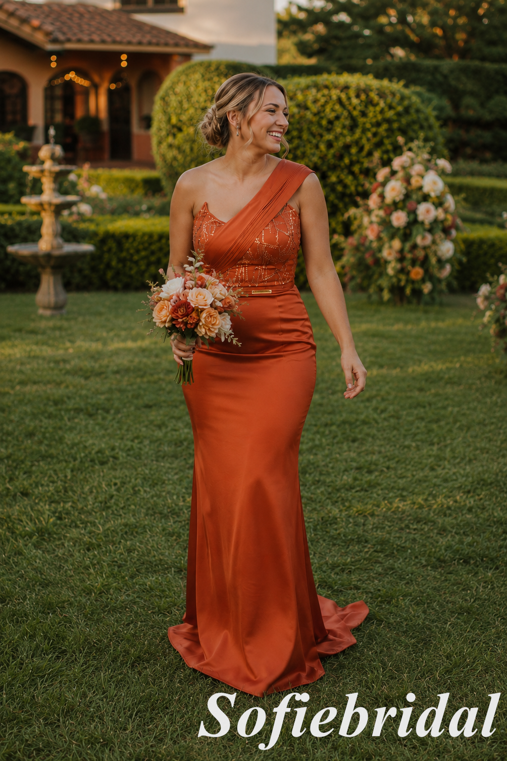 Burnt Orange Satin One Shoulder Beaded Mermaid Bridesmaid Dress For Wedding Guest, SFWG00643