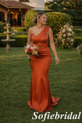 Burnt Orange Satin One Shoulder Beaded Mermaid Bridesmaid Dress For Wedding Guest, SFWG00643