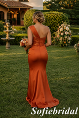 Burnt Orange Satin One Shoulder Beaded Mermaid Bridesmaid Dress For Wedding Guest, SFWG00643