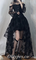 Black Satin And Lace Off Shoulder Long Sleeve High Low A-Line Prom Dresses/Homecoming Dresses,SFPD0574