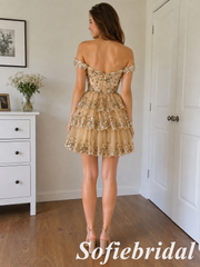 Champagne Tulle Off Shoulder Homecoming Dress with Sequins, HD0339