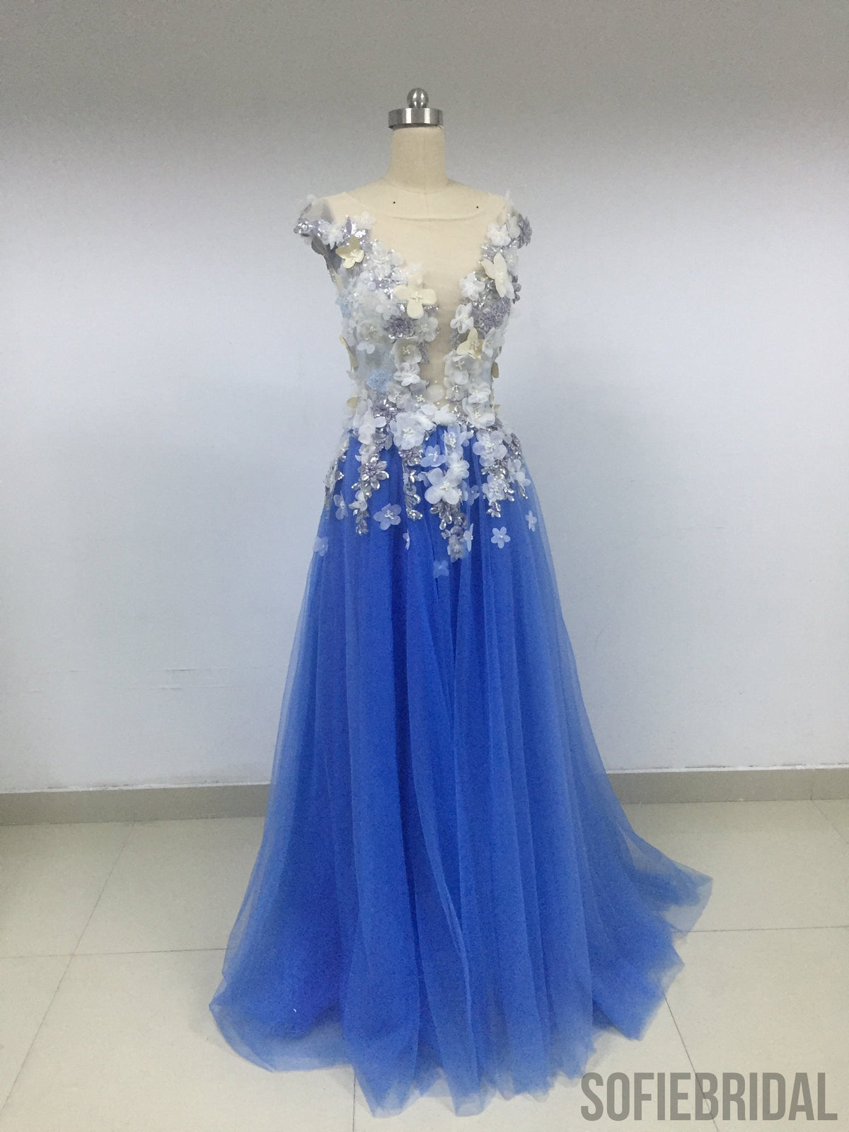 Blue Floral Tulle Prom Dresses_US4, SOD008