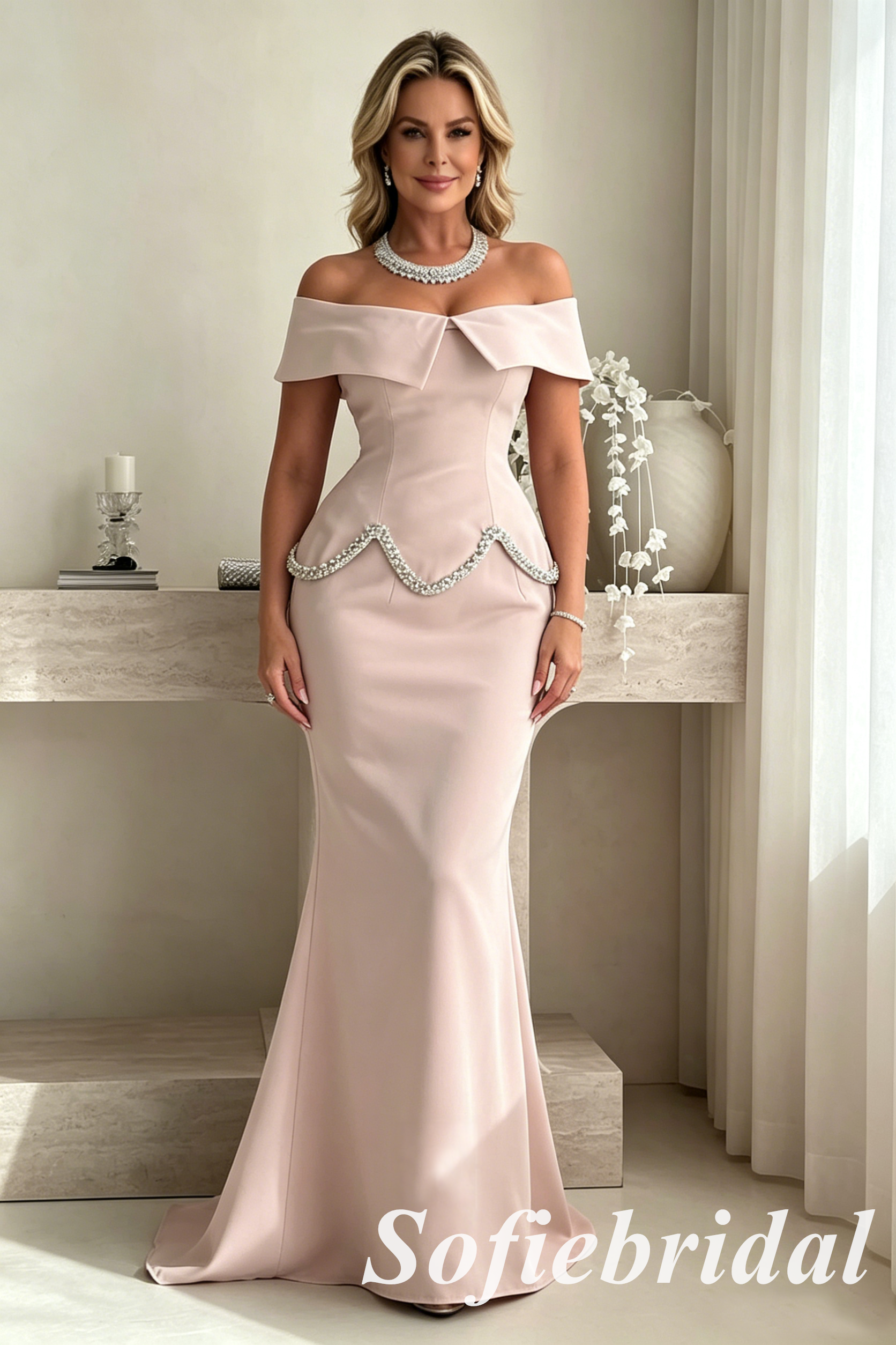 Elegant Blush Pink Off Shoulder Beaded Mermaid Evening Dress, Formal Mother of the Bride Gown, SFM014