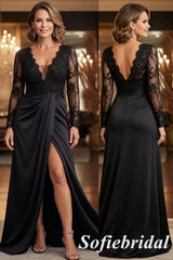 Elegant Black Satin Lace Mother of the Bride Dress Long Sleeve Formal Evening Gown, SFM016