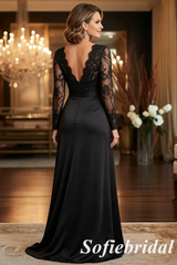 Elegant Black Satin Lace Mother of the Bride Dress Long Sleeve Formal Evening Gown, SFM016