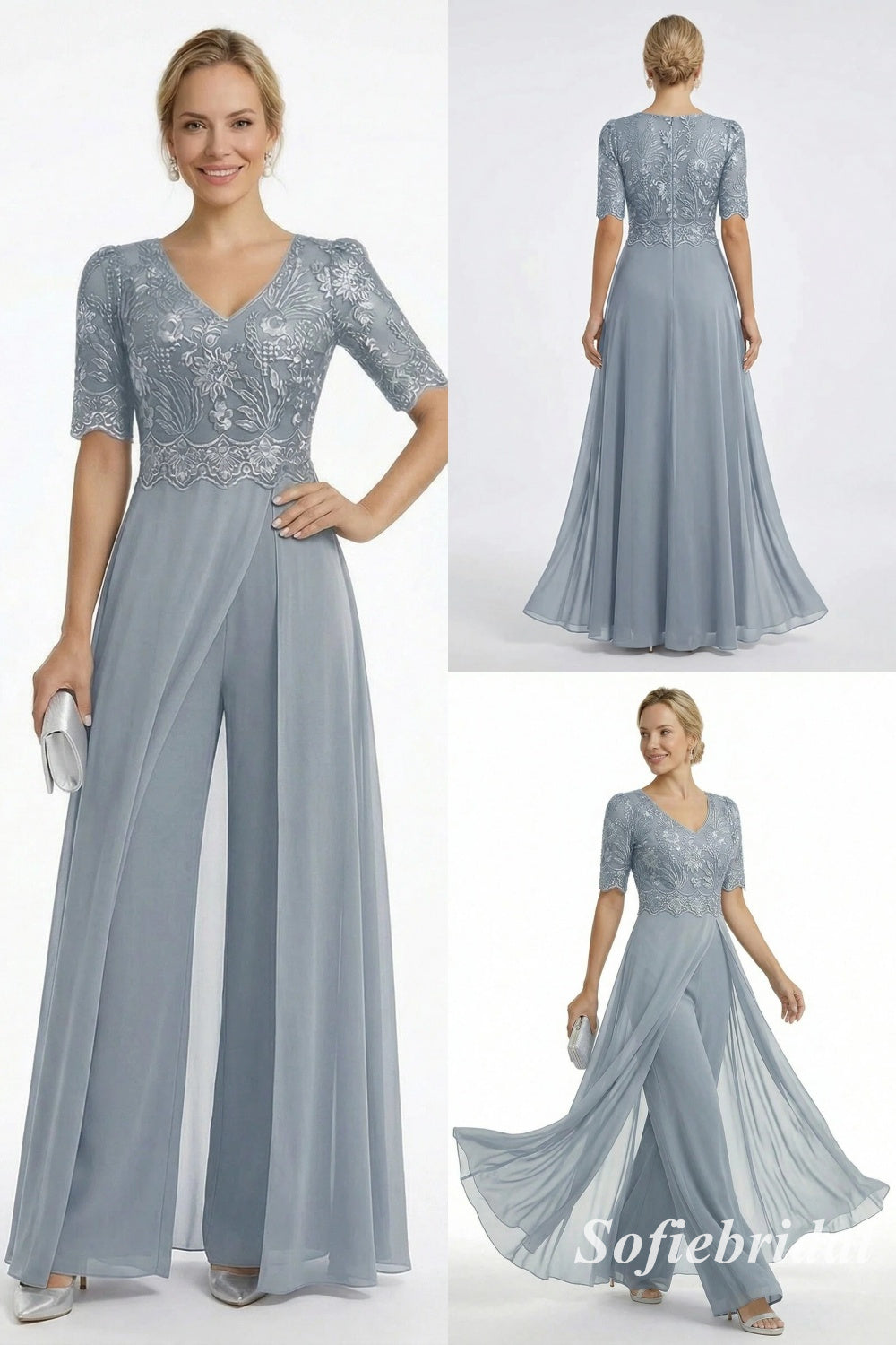 Dusty Blue Lace Chiffon Jumpsuit Formal Dress, Elegant V-Neck Mother of the Bride Gown with Sleeves, SFM013