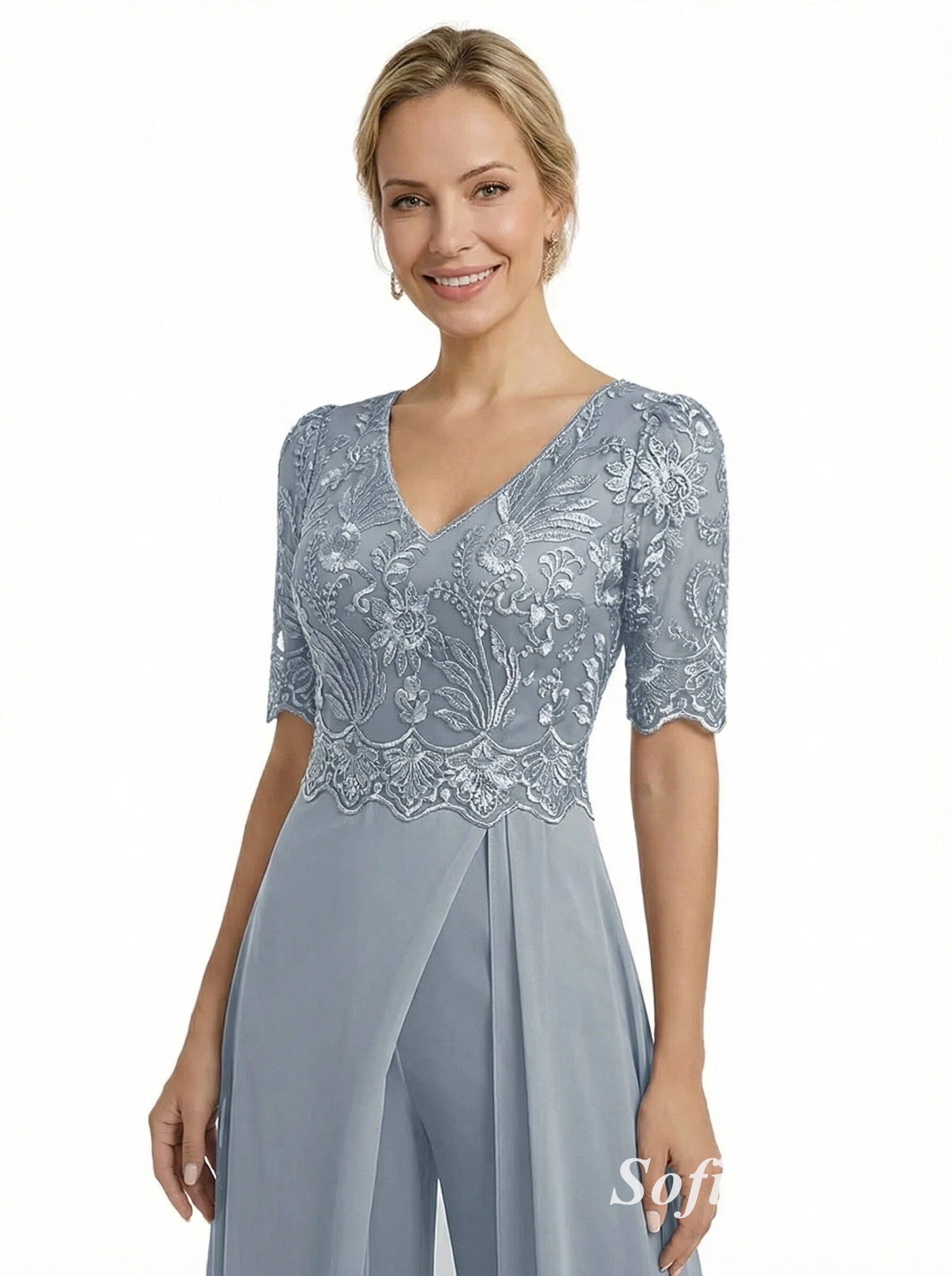 Dusty Blue Lace Chiffon Jumpsuit Formal Dress, Elegant V-Neck Mother of the Bride Gown with Sleeves, SFM013