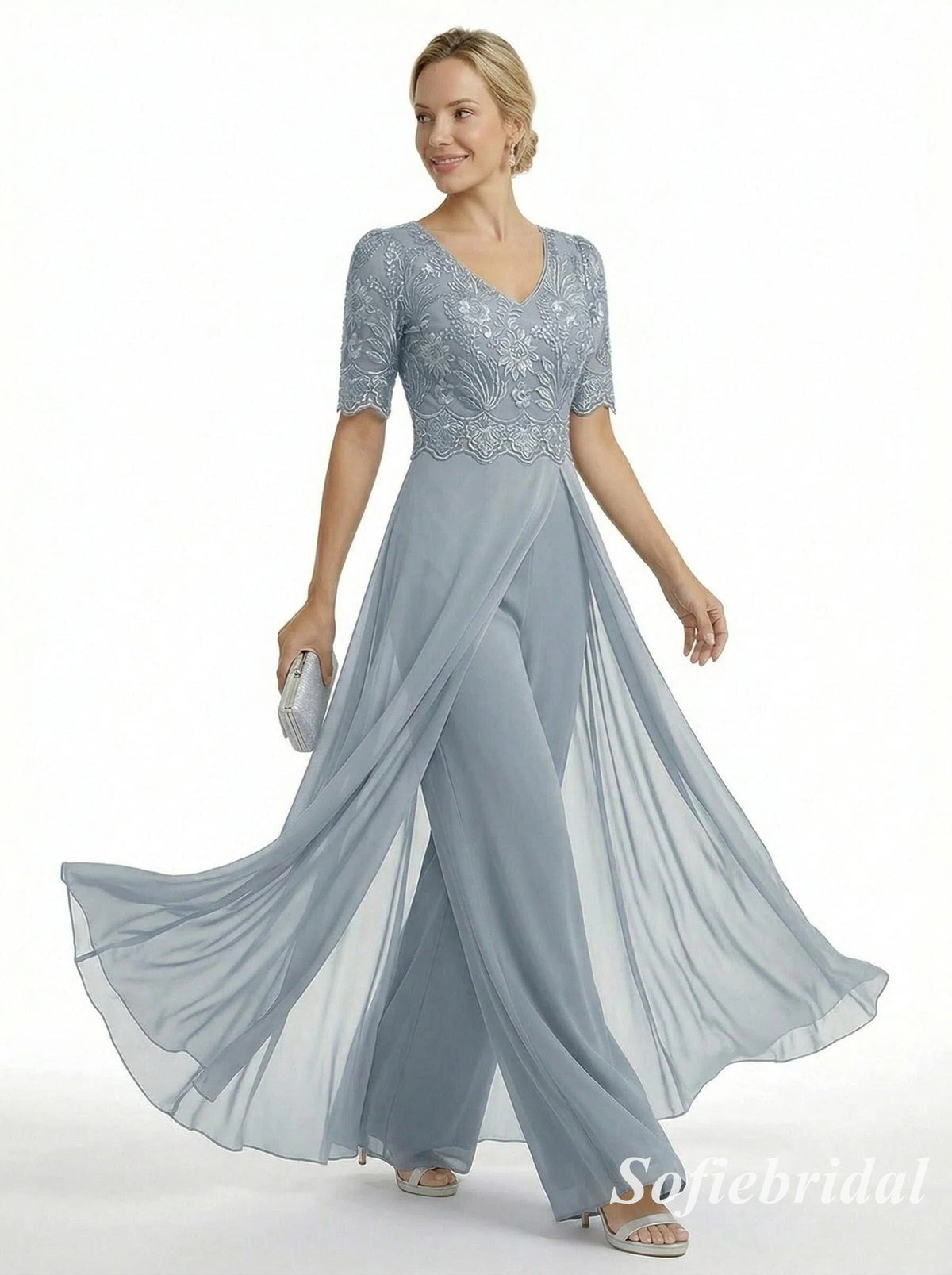 Dusty Blue Lace Chiffon Jumpsuit Formal Dress, Elegant V-Neck Mother of the Bride Gown with Sleeves, SFM013