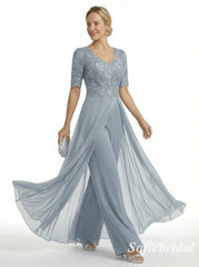 Dusty Blue Lace Chiffon Jumpsuit Formal Dress, Elegant V-Neck Mother of the Bride Gown with Sleeves, SFM013