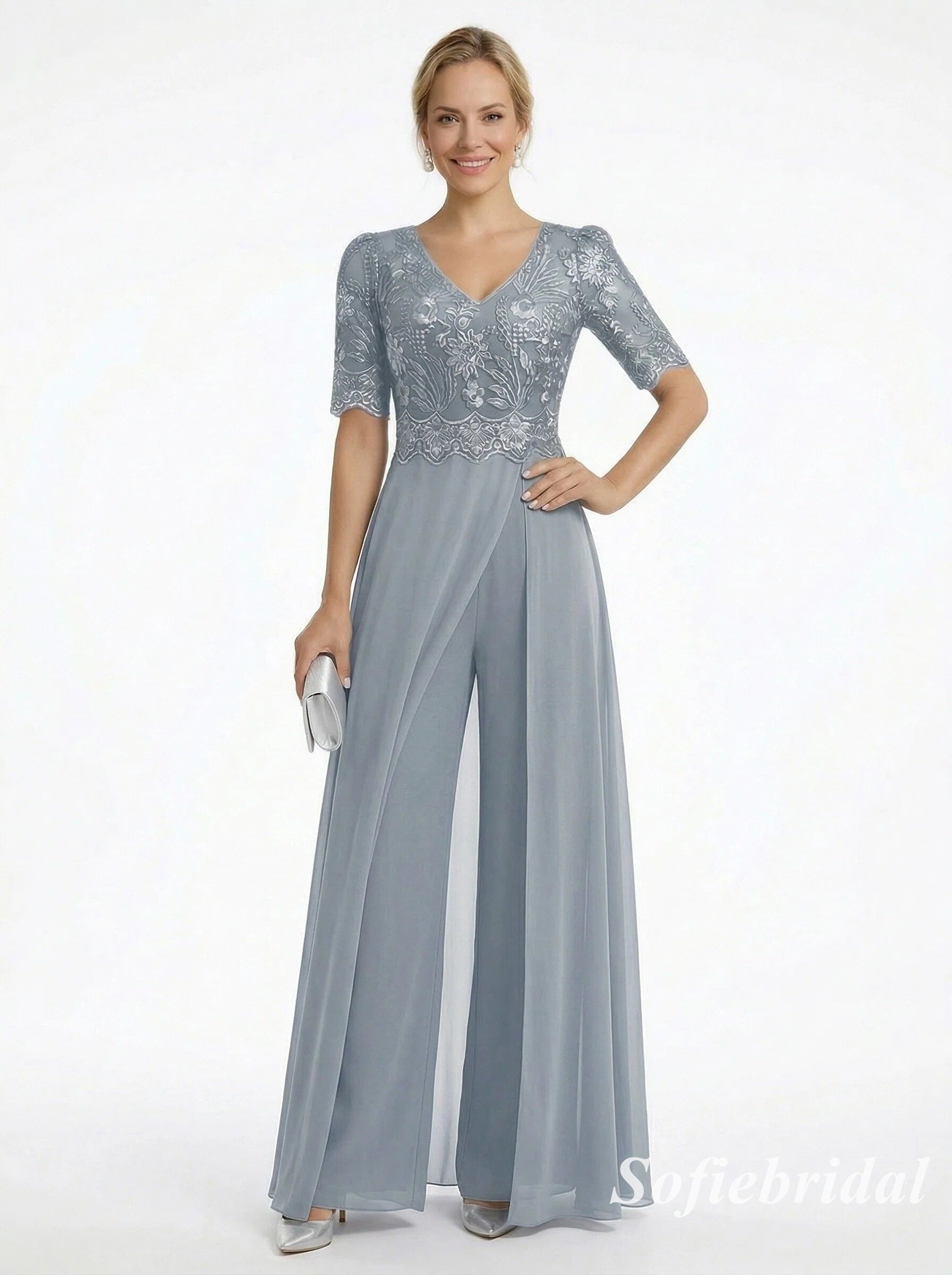 Dusty Blue Lace Chiffon Jumpsuit Formal Dress, Elegant V-Neck Mother of the Bride Gown with Sleeves, SFM013