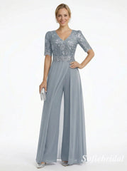 Dusty Blue Lace Chiffon Jumpsuit Formal Dress, Elegant V-Neck Mother of the Bride Gown with Sleeves, SFM013