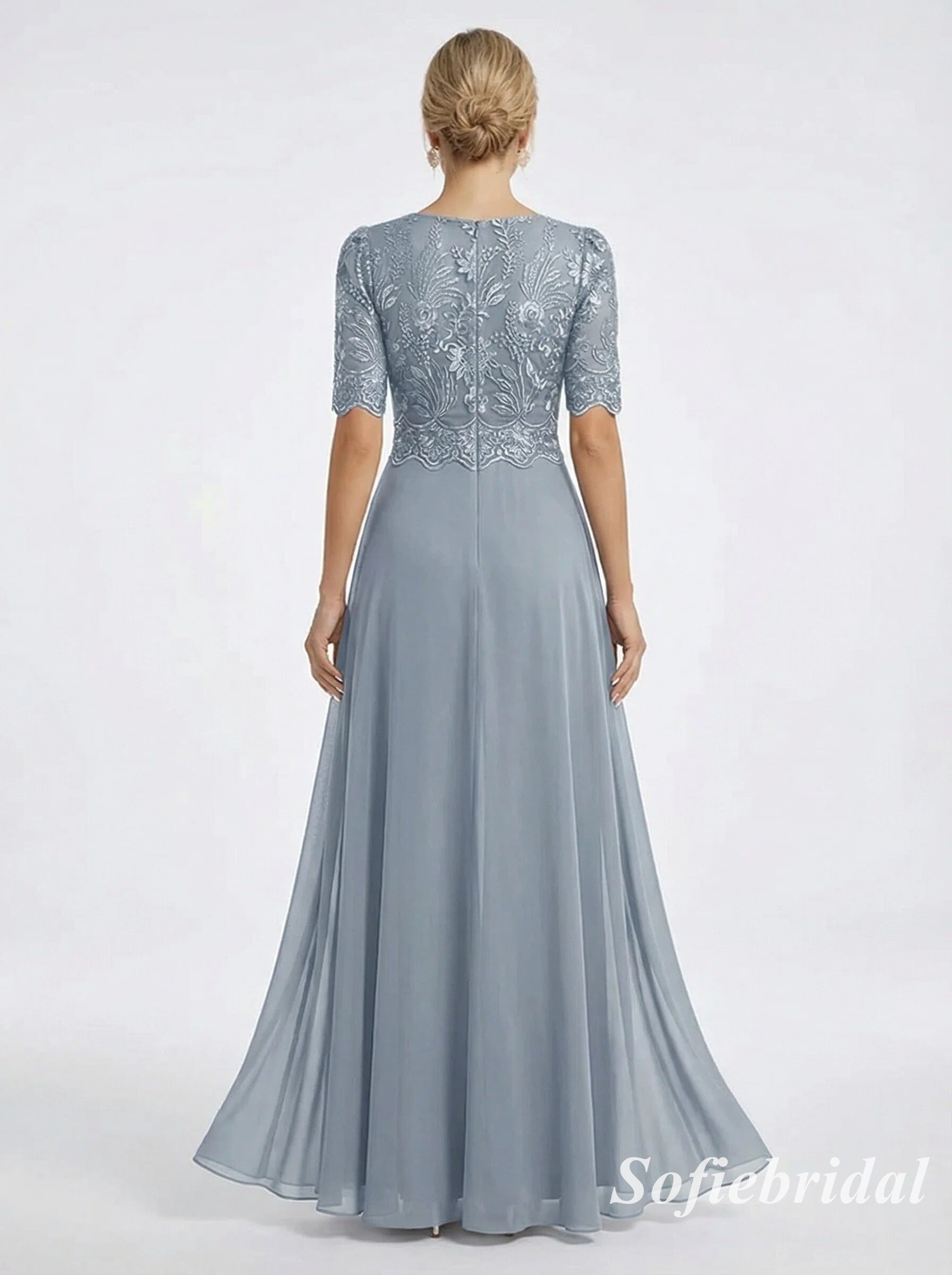 Dusty Blue Lace Chiffon Jumpsuit Formal Dress, Elegant V-Neck Mother of the Bride Gown with Sleeves, SFM013