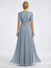 Dusty Blue Lace Chiffon Jumpsuit Formal Dress, Elegant V-Neck Mother of the Bride Gown with Sleeves, SFM013