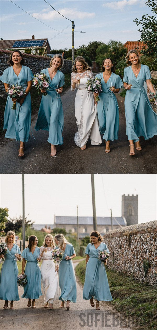 A-line V-neck Short Sleeves Ankle-length Simple Cheap Bridesmaid Dresses, BD1060