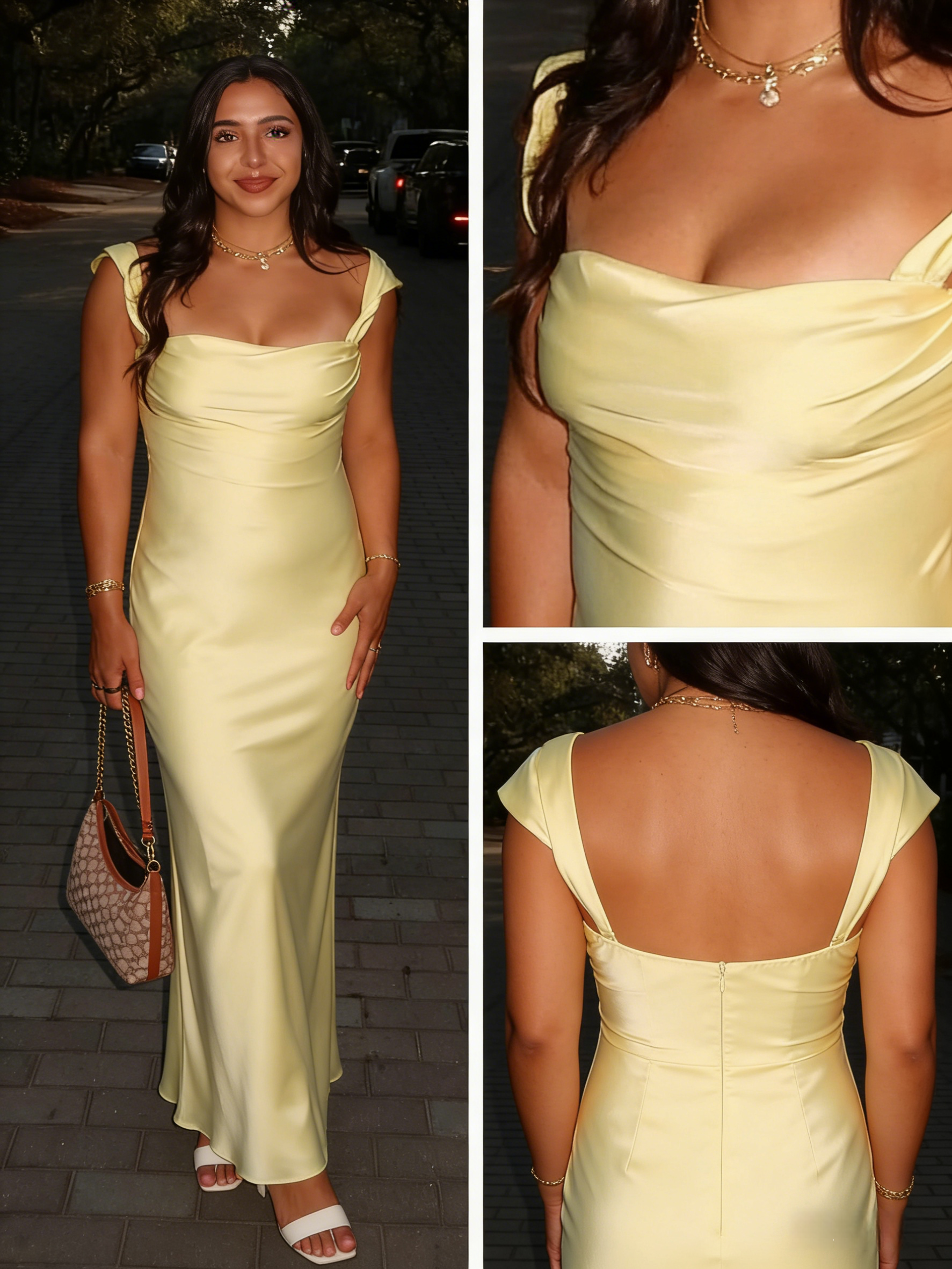Buttery Yellow Soft Satin Square Neck Midi Dress Elegant Prom Dress, PD01217