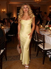 Buttery Yellow Soft Satin Square Neck Midi Dress Elegant Prom Dress, PD01217