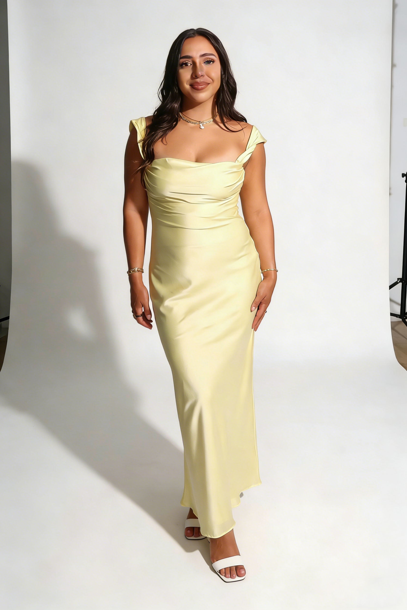 Buttery Yellow Soft Satin Square Neck Midi Dress Elegant Prom Dress, PD01217