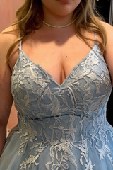 Dusty Blue Lace Tulle Ball Gown Romantic Elegant Plus Size Prom Dress, PD01219