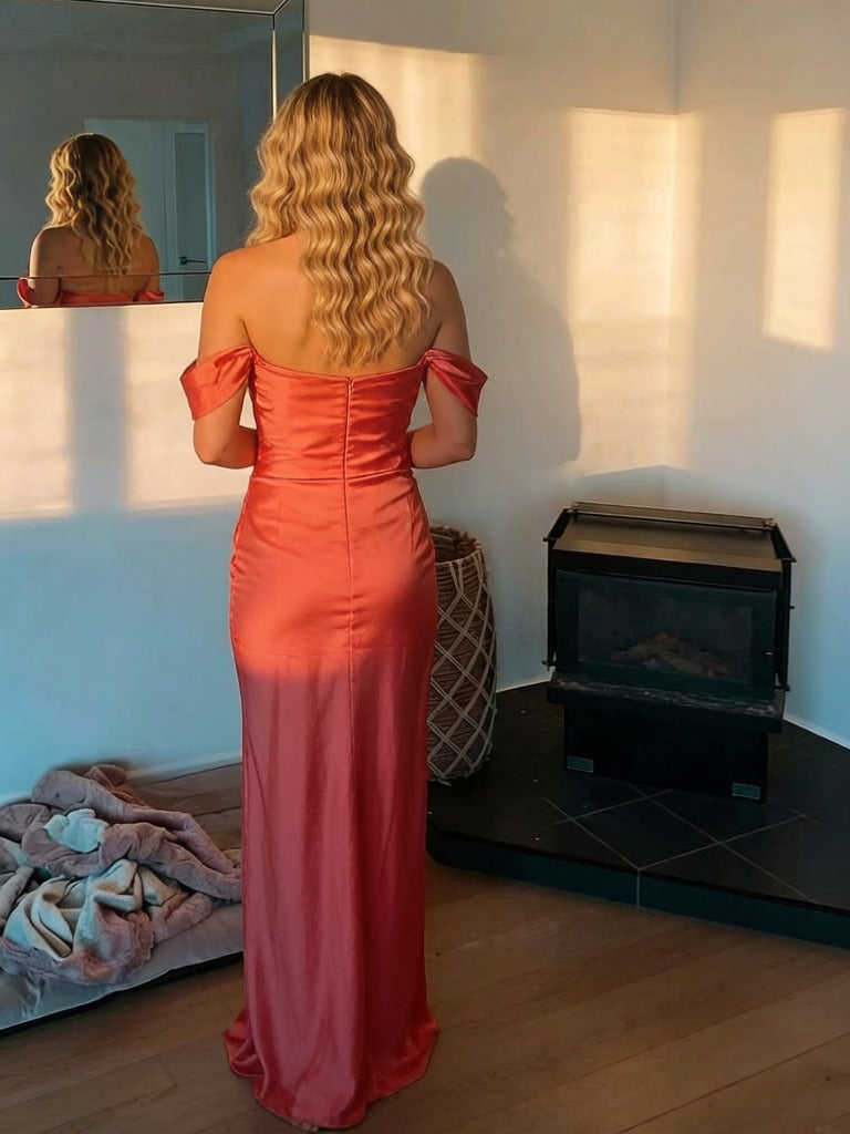 Coral Satin Off the Shoulder Mermaid Maxi Dress - Formal Cocktail & Gala Gown, PD01221