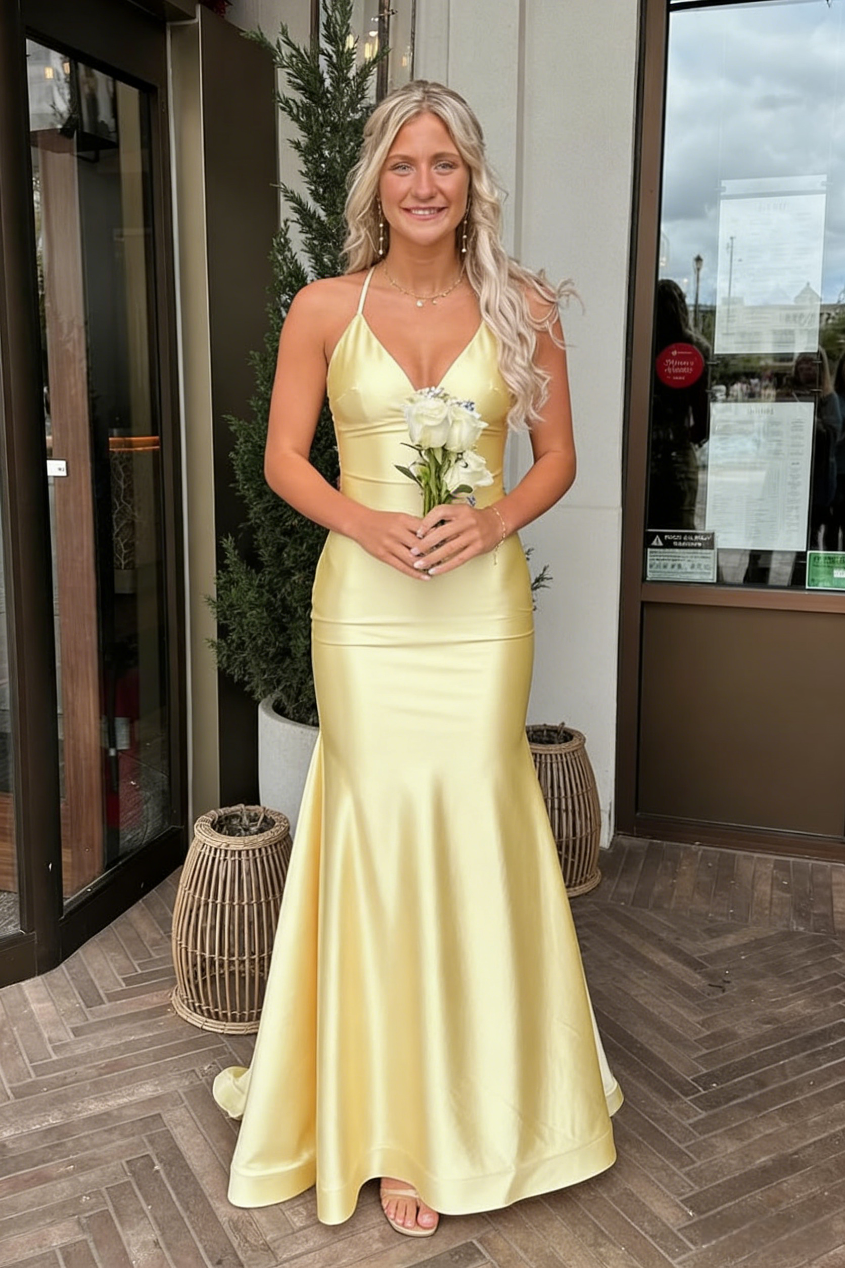 Butter Yellow Satin Spaghetti Strap Mermaid Evening Gown with Open Back, PD01224