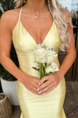 Butter Yellow Satin Spaghetti Strap Mermaid Evening Gown with Open Back, PD01224
