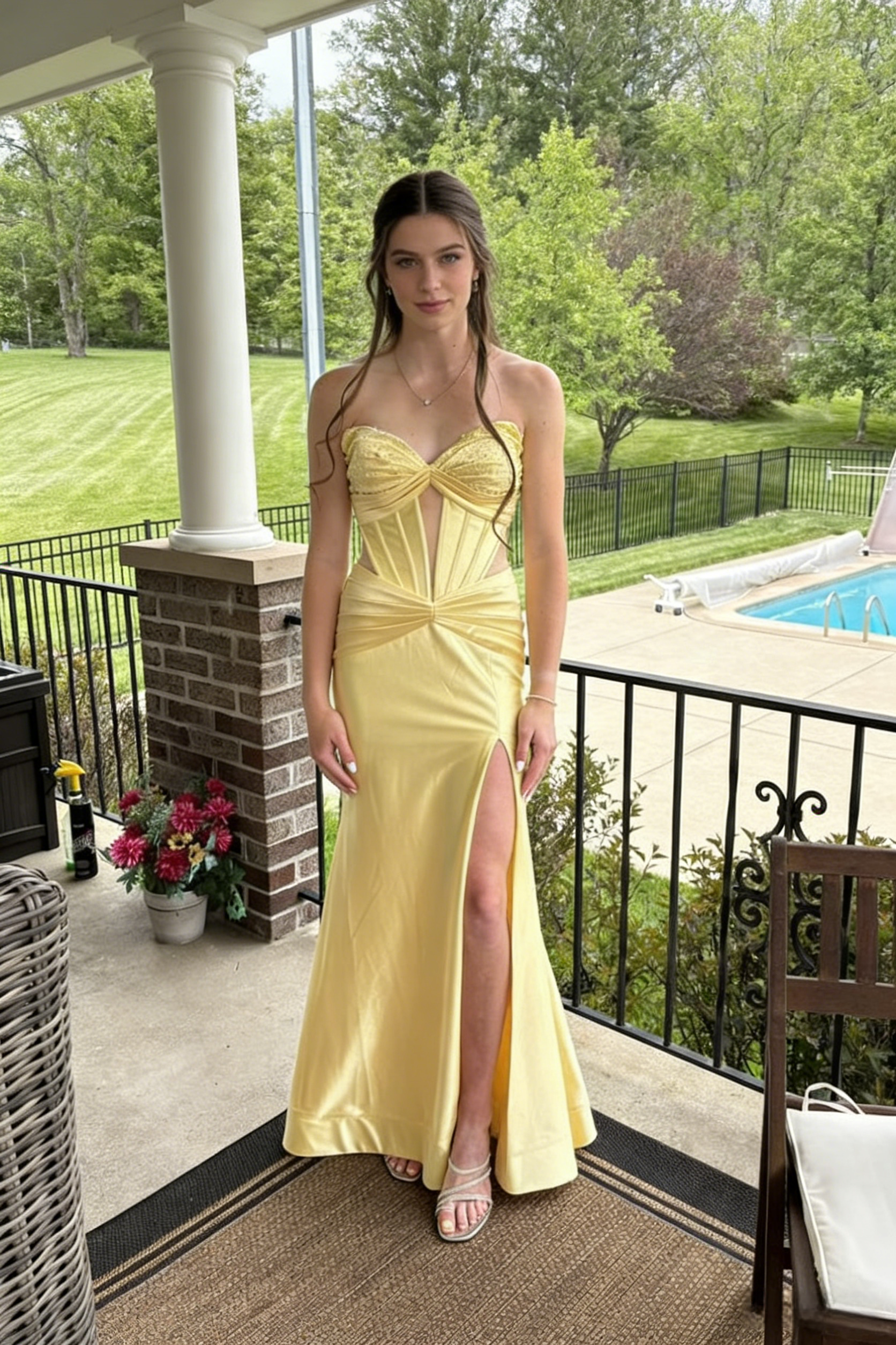 Bright Yellow Soft Satin Strapless Corset High Slit Formal Gown | Prom & Party Dress, PD01231