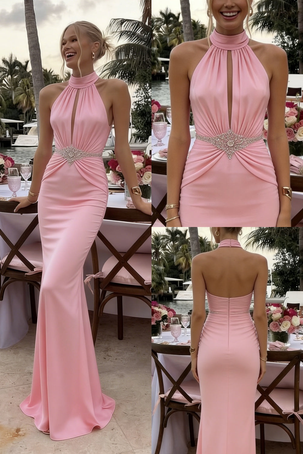 Blush Pink Halter Keyhole Beaded Waist Mermaid Prom Dress - Glamorous Formal Evening Gown, PD01233