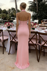 Blush Pink Halter Keyhole Beaded Waist Mermaid Prom Dress - Glamorous Formal Evening Gown, PD01233