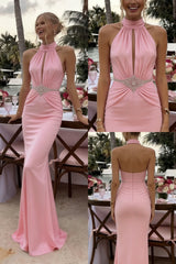 Blush Pink Halter Keyhole Beaded Waist Mermaid Prom Dress - Glamorous Formal Evening Gown, PD01233