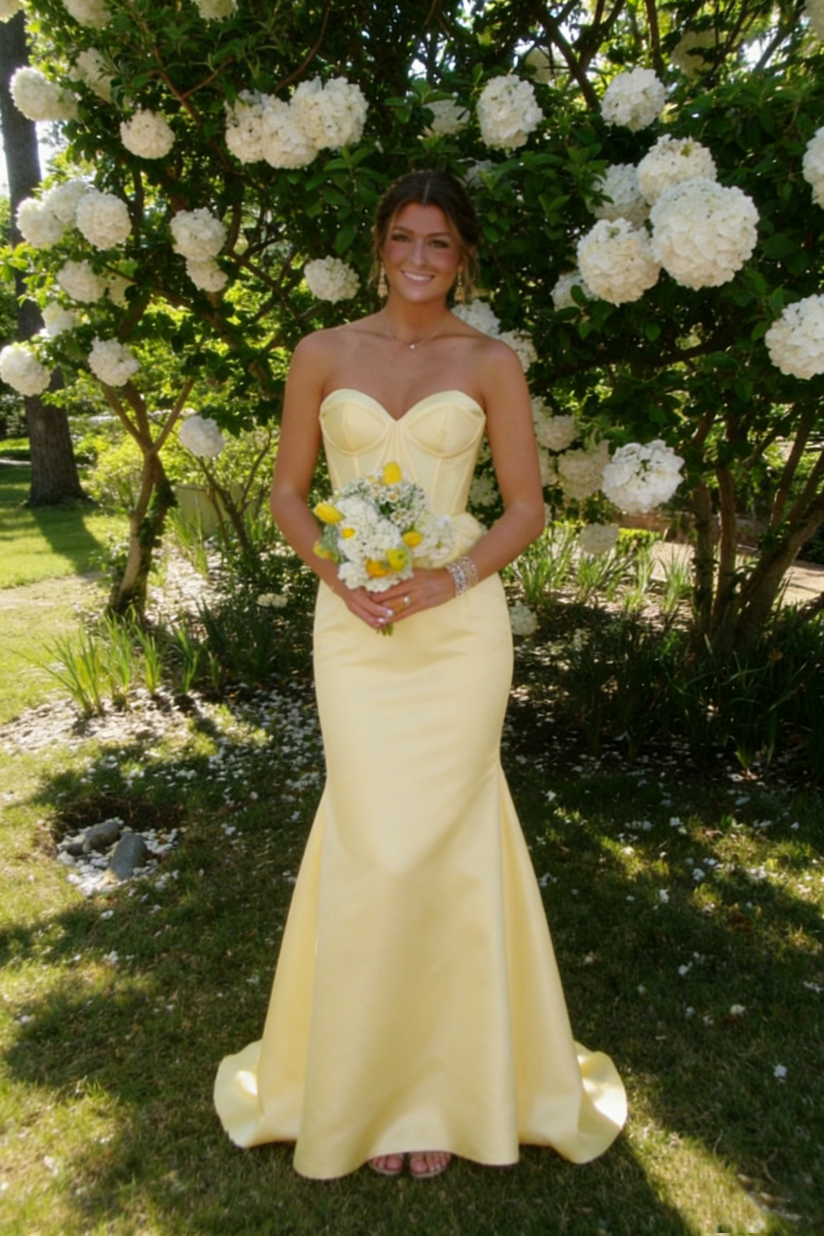 Bright Yellow Satin Strapless Corset Mermaid Formal Gown | Prom & Party Dress, PD01232