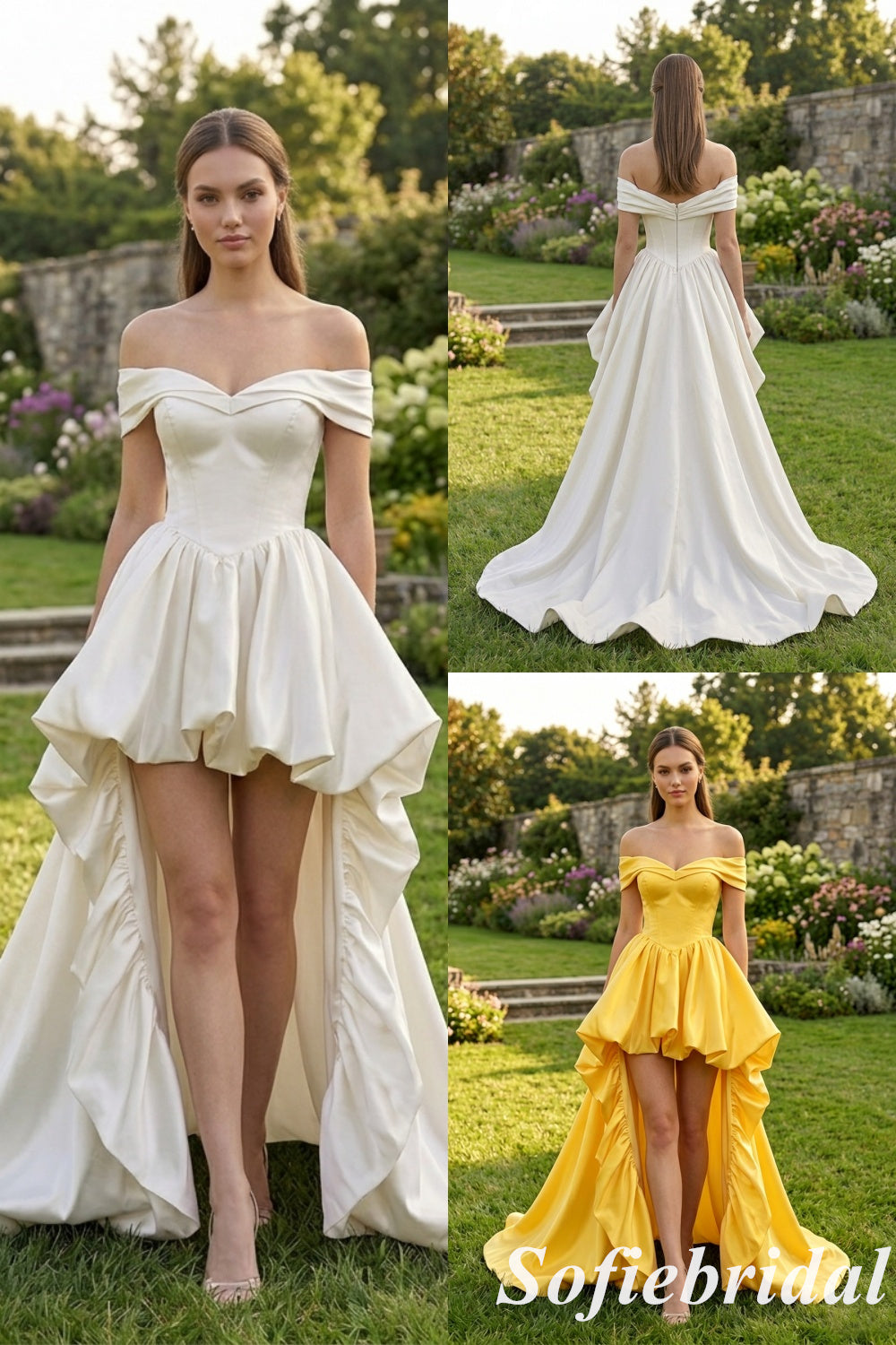 Chic Satin Off The Shoulder High Low Formal Gown for Prom & Weddings, PD01270