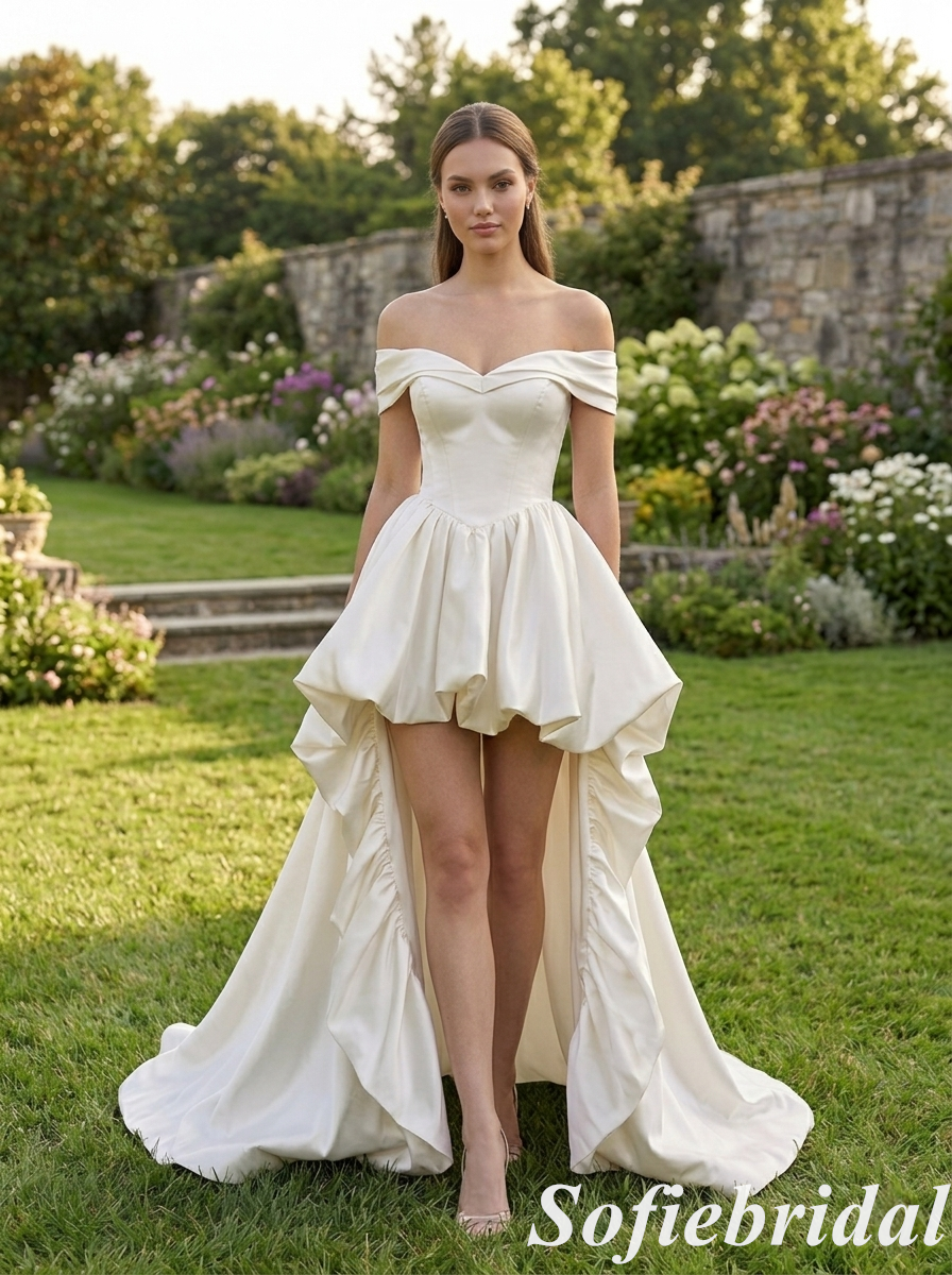 Chic Satin Off The Shoulder High Low Formal Gown for Prom & Weddings, PD01270