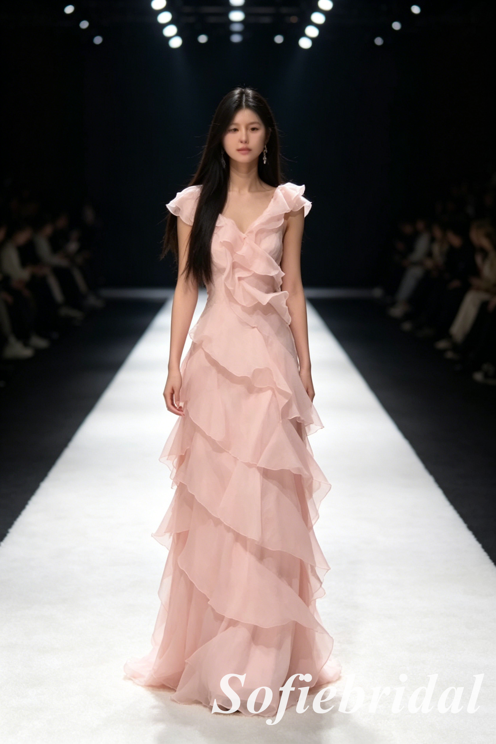 Blush Pink V Neck Ruffle Tiered Tulle Formal Gown Evening Party Dress, PD01277