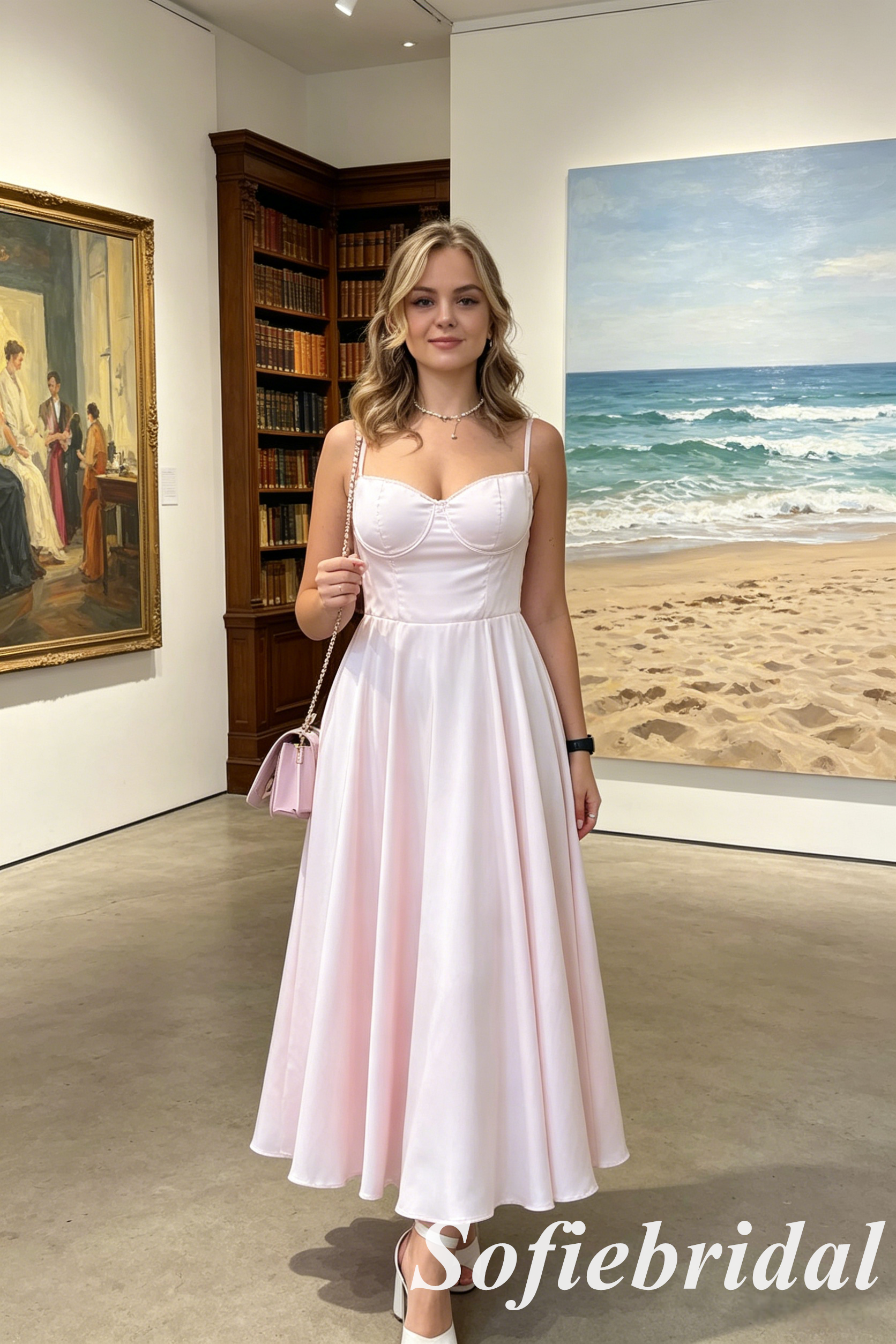 Blush Pink Spaghetti Strap Corset A-Line Midi Prom Dress Formal Gown, PD01280
