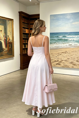Blush Pink Spaghetti Strap Corset A-Line Midi Prom Dress Formal Gown, PD01280