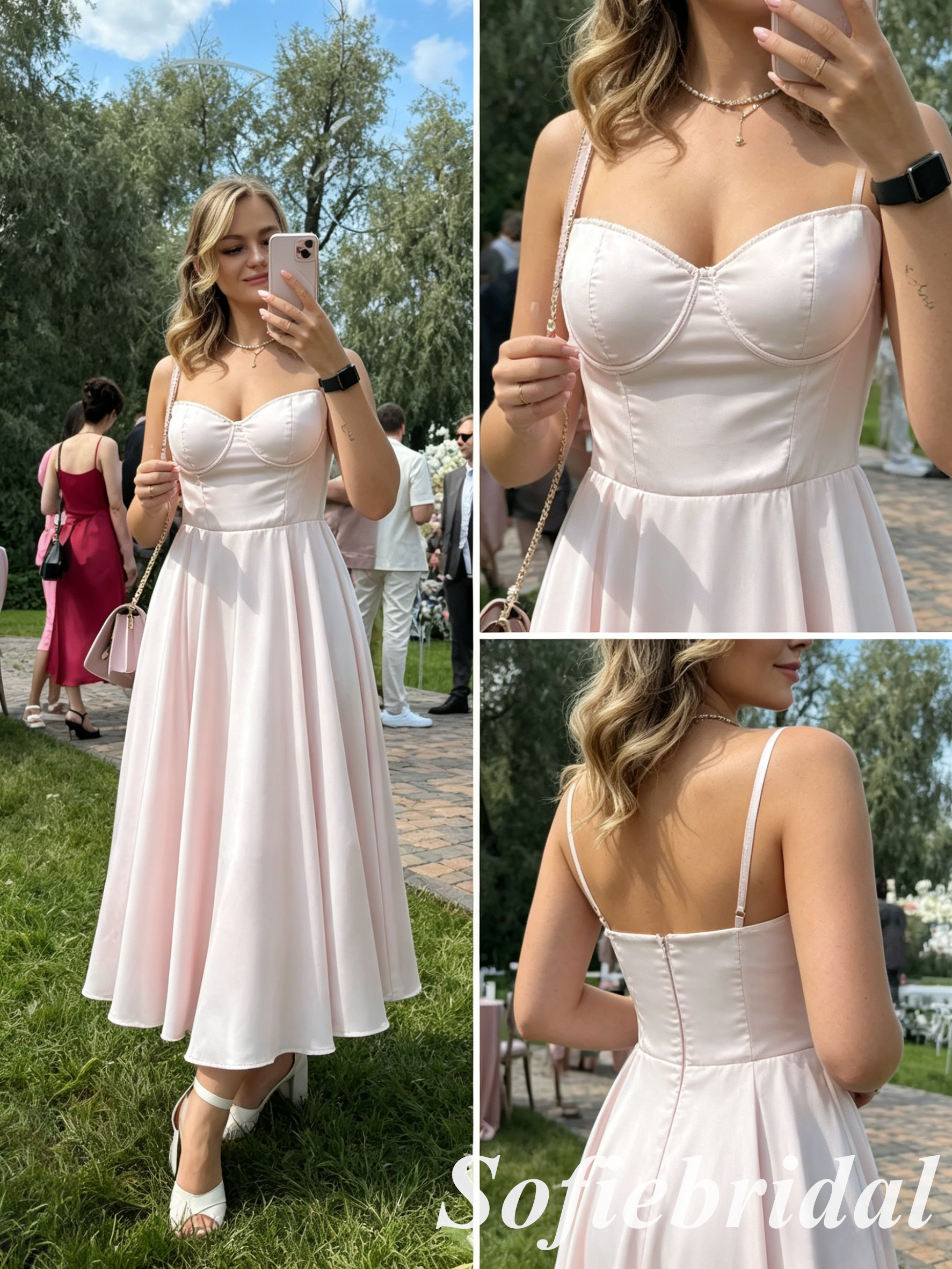 Blush Pink Spaghetti Strap Corset A-Line Midi Prom Dress Formal Gown, PD01280