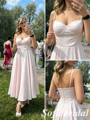 Blush Pink Spaghetti Strap Corset A-Line Midi Prom Dress Formal Gown, PD01280