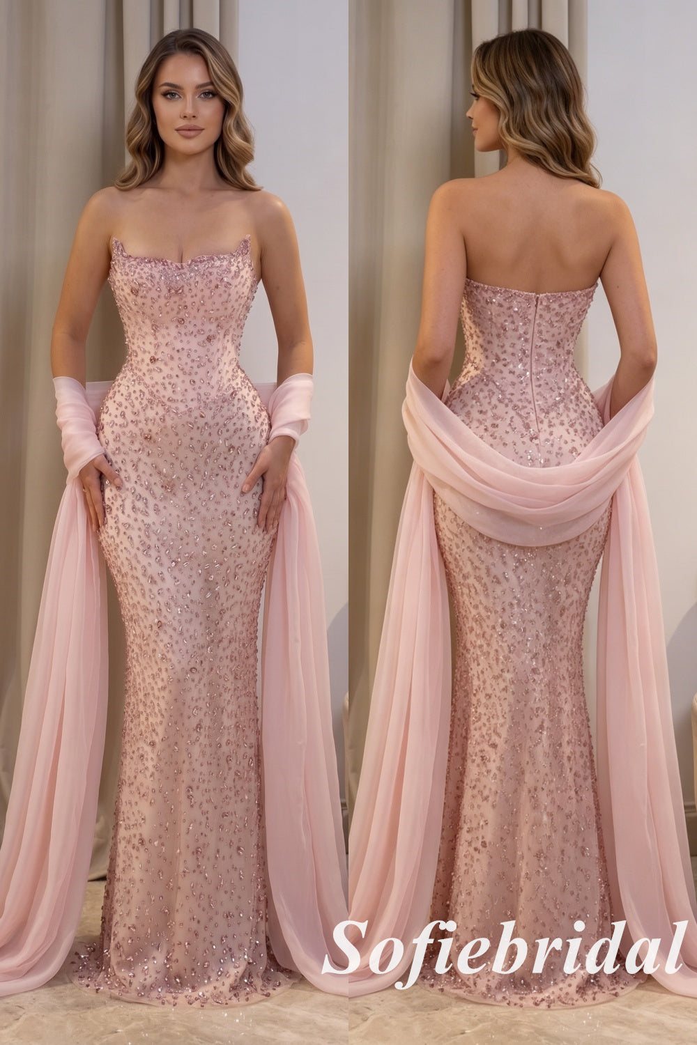 Blush Pink Crystal Mermaid Gown With Beading, PD01285
