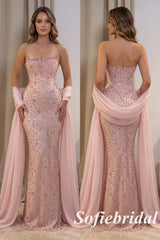Blush Pink Crystal Mermaid Gown With Beading, PD01285