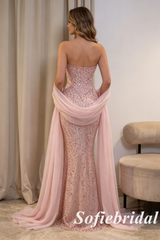 Blush Pink Crystal Mermaid Gown With Beading, PD01285