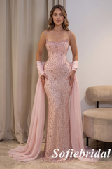 Blush Pink Crystal Mermaid Gown With Beading, PD01285