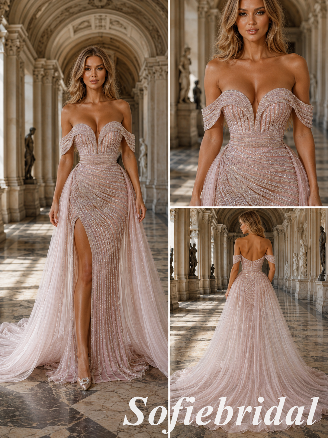 Blush Pink Off Shoulder Beaded Mermaid Prom Dress With Tulle Overskirt, PD01290