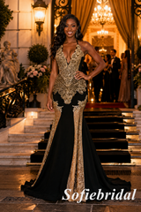 Black and Gold Beaded Halter Prom Dress Mermaid Evening Gown, PD1294