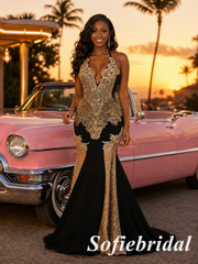 Black and Gold Beaded Halter Prom Dress Mermaid Evening Gown, PD1294