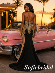 Black and Gold Beaded Halter Prom Dress Mermaid Evening Gown, PD1294