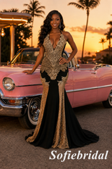 Black and Gold Beaded Halter Prom Dress Mermaid Evening Gown, PD1294