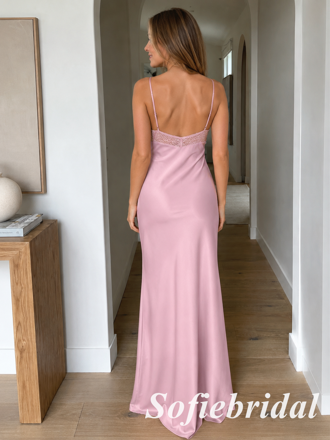 Blush Pink Satin Lace Slip Dress Formal Evening Maxi Gown, PD1296