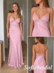 Blush Pink Satin Lace Slip Dress Formal Evening Maxi Gown, PD1296